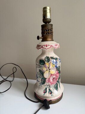 Vintage 1940s-50s French Faience Lamp Hand Painted Floral Ceramic Brass France
